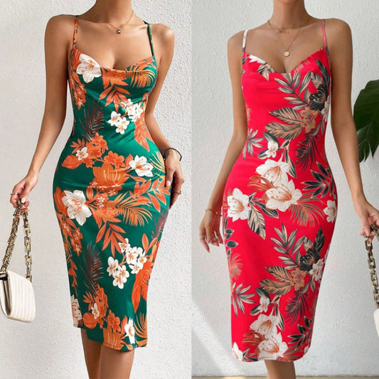 Women's Side Slit Printed Mid-length Sling Dress PureLittleBloom.Co
