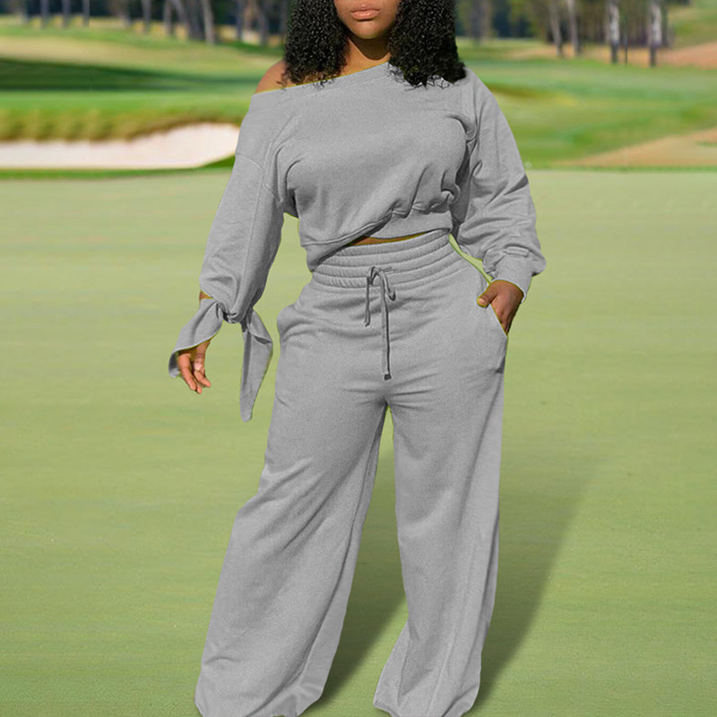 Women's One-Shoulder Casual Set - Solid Color Long Sleeve Top & Elastic Waist Pants With Drawstring & Pockets For Spring & Fall PureLittleBloom.Co