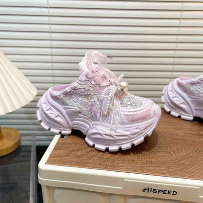 Pearl Lace Bow Baby Girl Daddy Shoes PureLittleBloom.Co