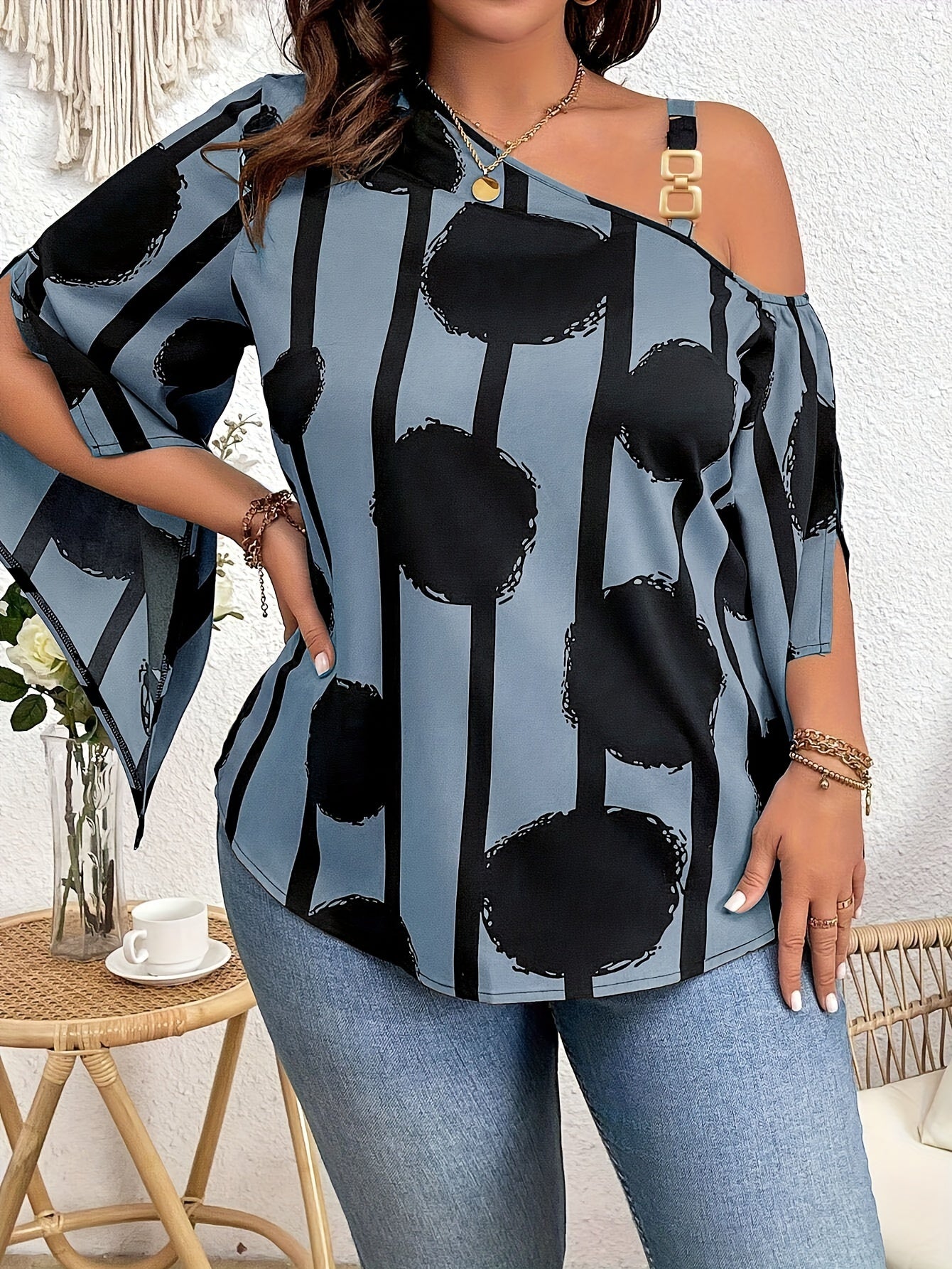 Women's Plus Size Printed Fashion Off-the-Shoulder Charming Chain Three-quarter Sleeve Blouse - Casual Top PureLittleBloom.Co