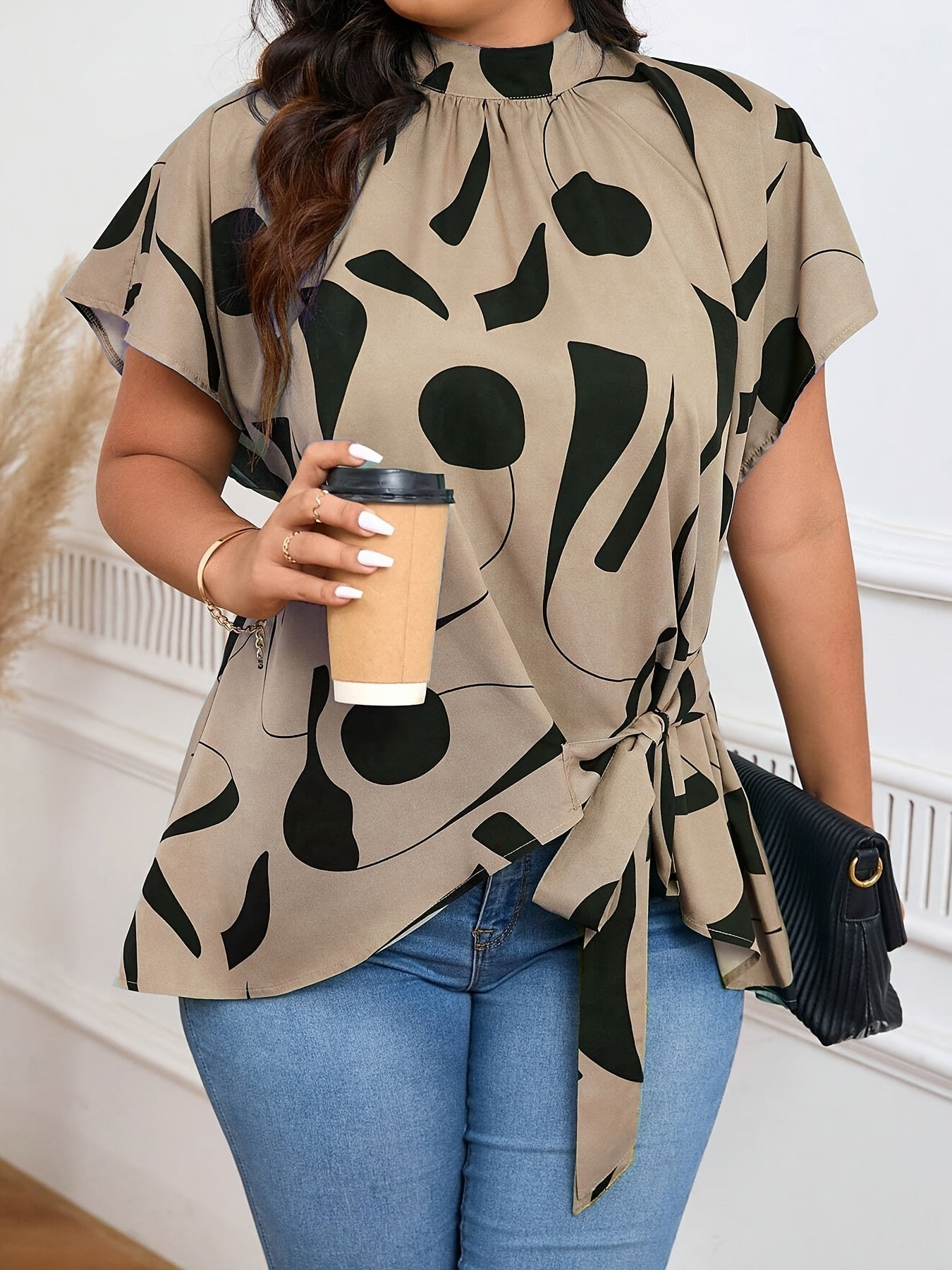 Plus-size Irregular Print Blouse For Women - Elegant Short-sleeve Work Top For Summer PureLittleBloom.Co