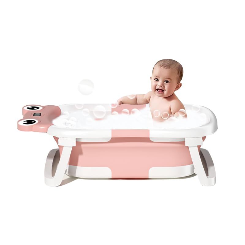 Baby Bathtub , Foldable Baby Bath Tub With Soft Floating Cushion & Thermometer , Collapsible Portable Travel Baby Bath Tub PureLittleBloom.Co